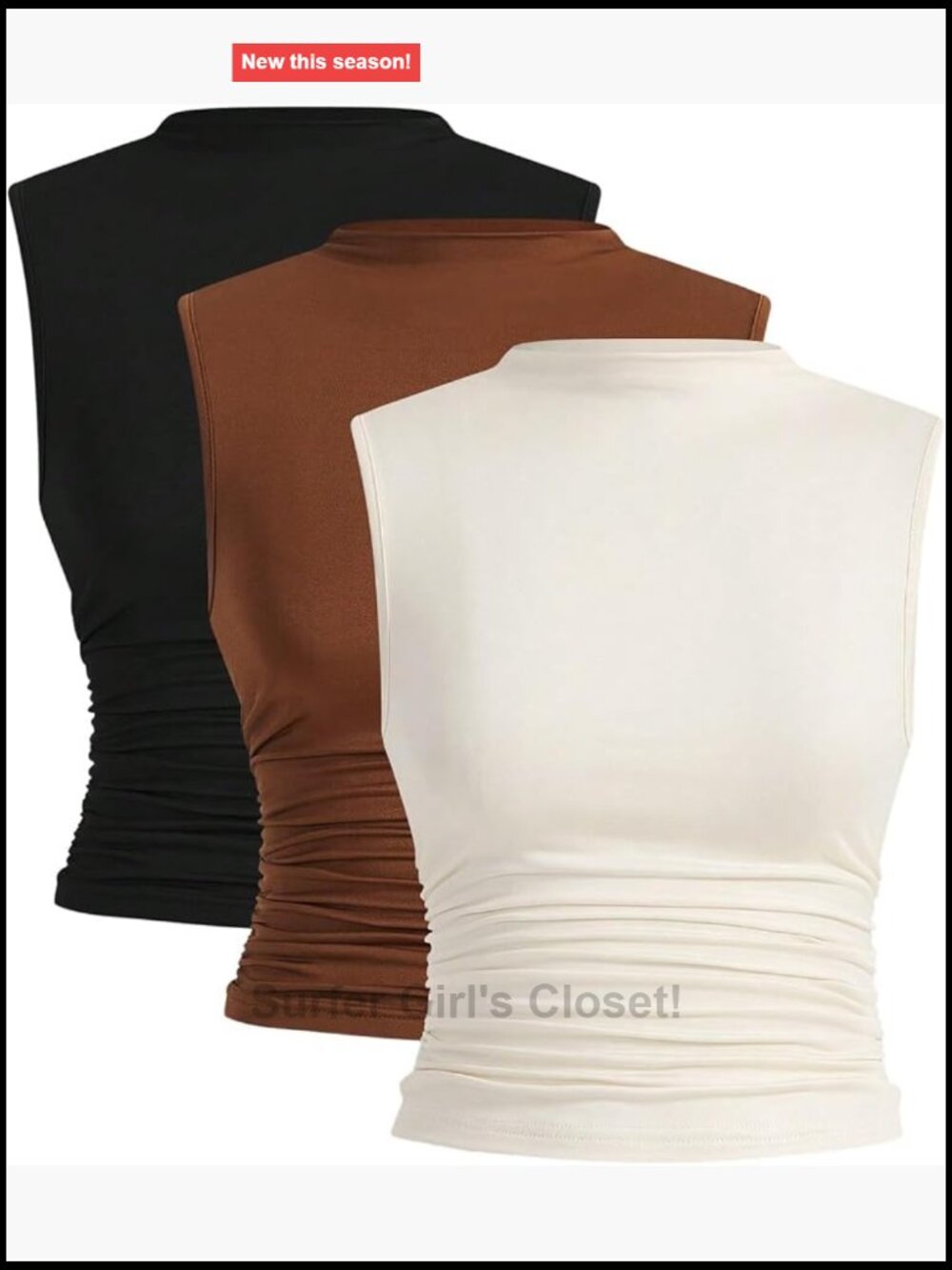 3 Pack Sleeveless Mock Neck Tank Tops Women Ruched Fitted Rib Stretch
